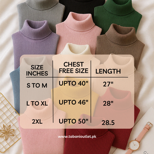 Collection of turtleneck sweaters in various colors with size chart and measurements.