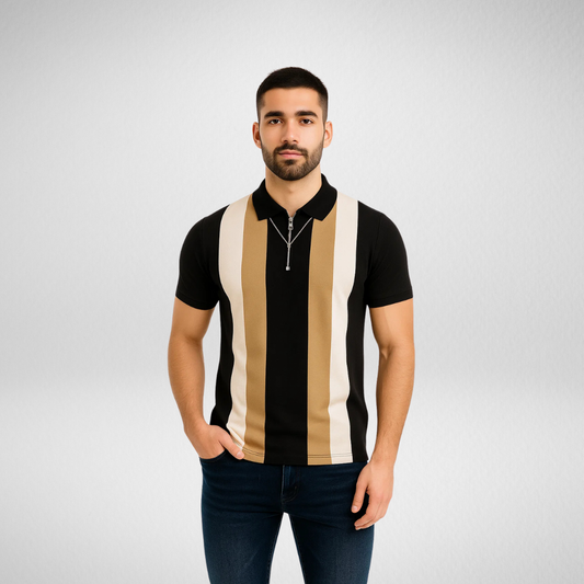 "Twin Stripe Polo Shirt Black & Beige – Men’s stylish polo t-shirt in Pakistan, premium quality casual wear."