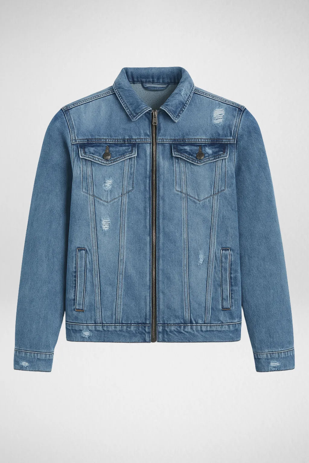 Blue Distressed Denim Jacket – Unisex zip-up casual outerwear for men and women in Pakistan, trendy denim streetwear.