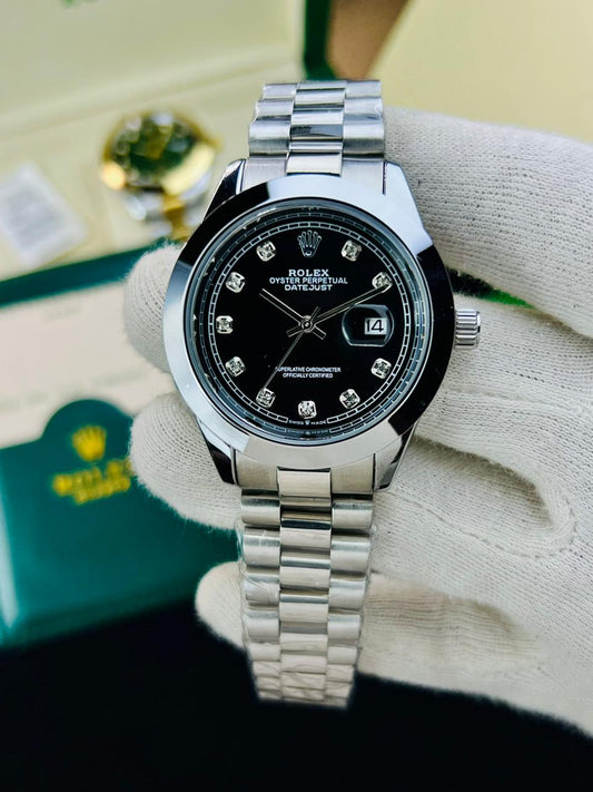 Prestige Silver Chain Black Dial Diamond-Style Rlx Men’s Watch With Date Display