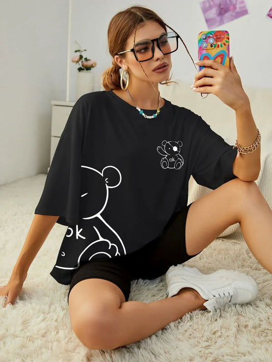 Teddy Accent Black T-Shirt – Dual Teddy Print | Oversized Drop Shoulder Streetwear
