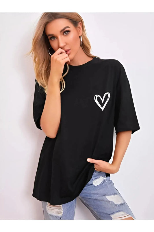 Black Pocket Heart T-Shirt – Minimal White Heart Print | Oversized Drop Shoulder Fit