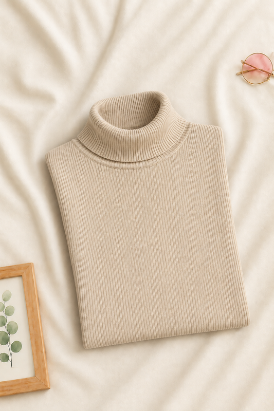 A folded ribbed knit turtleneck sweater in a warm cream-beige color, styled on a soft beige fabric background with decorative props including sunglasses and a small framed botanical print.