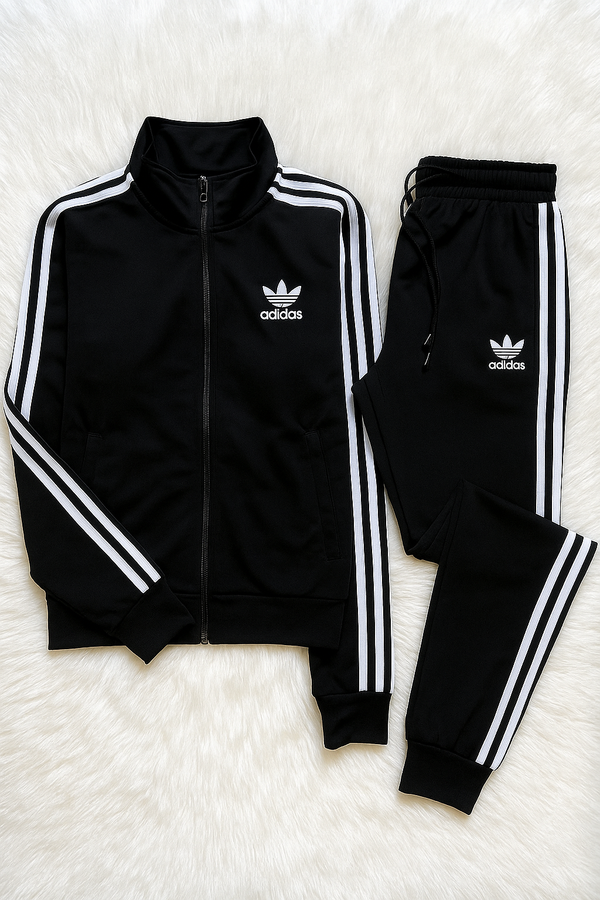 black and white striped tracksuit – zip-up jacket and jogger pants two-piece set.
