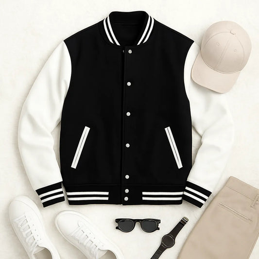 Black Varsity Jacket with White Contrast – Unisex letterman jacket for men and women in Pakistan, stylish casual jacket