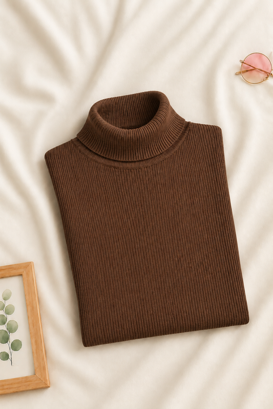A folded brown ribbed turtleneck sweater laid flat on a cream fabric background, with small decorative props including sunglasses and a framed botanical print.