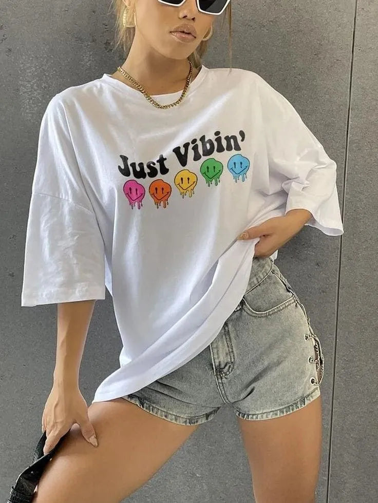 "Just Vibin" Emoji T-Shirt – White | Oversized Drop Shoulder Chill Tee