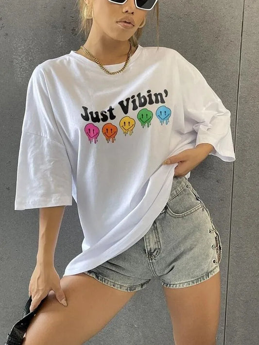 "Just Vibin" Emoji T-Shirt – White | Oversized Drop Shoulder Chill Tee