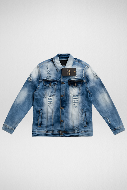 Blue Distressed Denim Jacket – Stylish unisex casual outerwear for men and women in Pakistan, trendy denim streetwear.