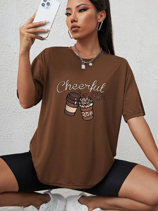 Cheerful Coffee T-Shirt – Brown | Oversized Drop Shoulder Tee for Coffee Lovers