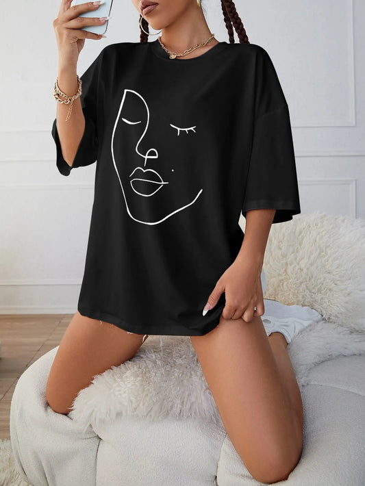 Line Art Face T-Shirt – Black | Minimal Oversized Drop Shoulder Tee