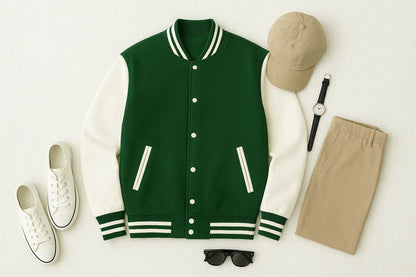 Green Baseball Jacket – Unisex letterman jacket for men and women in Pakistan, stylish casual jacket.