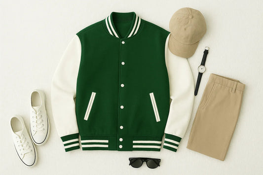 Green Baseball Jacket – Unisex letterman jacket for men and women in Pakistan, stylish casual jacket.