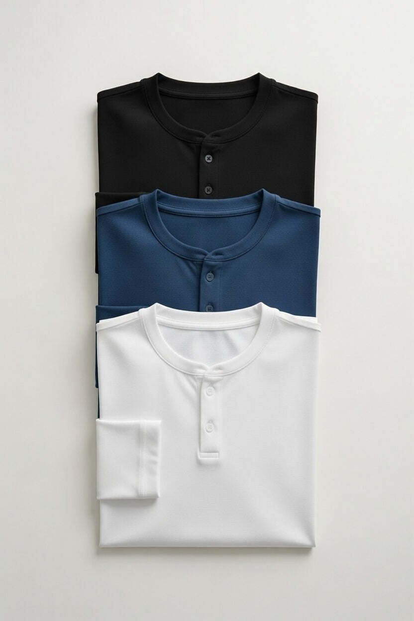 Premium Henley T-Shirt Pack of 3 – Classic Fit Cotton Tees (White, Black, Navy)