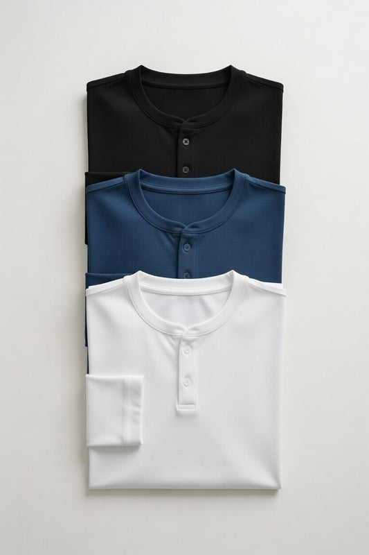 Premium Henley T-Shirt Pack of 3 – Classic Fit Cotton Tees (White, Black, Navy)