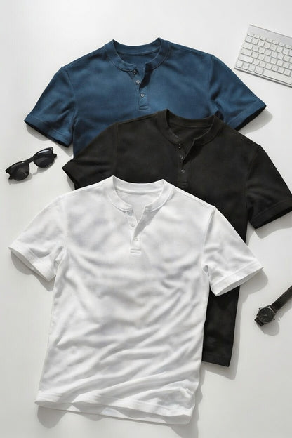 Premium Henley T-Shirt Pack of 3 – Classic Fit Cotton Tees (White, Black, Navy)