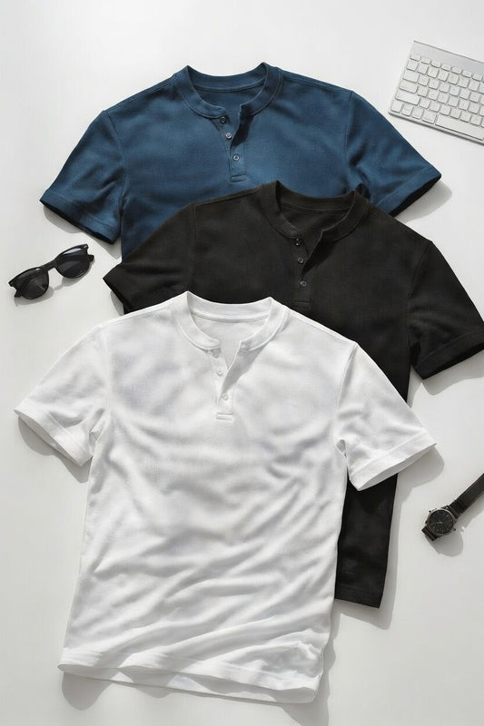 Premium Henley T-Shirt Pack of 3 – Classic Fit Cotton Tees (White, Black, Navy)