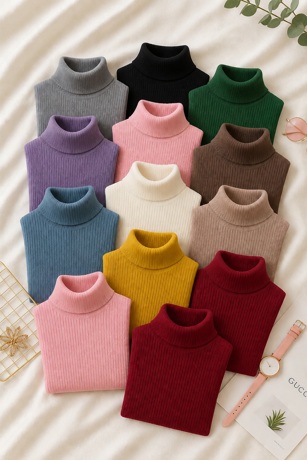 Twelve folded ribbed turtleneck sweaters in assorted colors arranged in a grid on a cream fabric background, with a watch and small decorative props nearby.