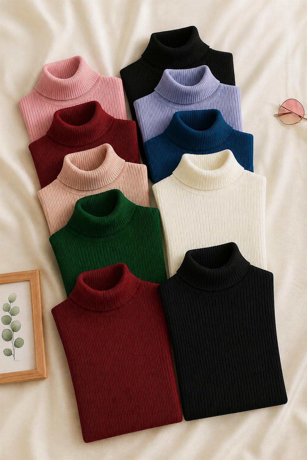 Nine folded ribbed turtleneck sweaters in assorted colors, including pink, burgundy, light pink, lavender, blue, cream, green, and black, arranged on a beige fabric background with small decorative props.