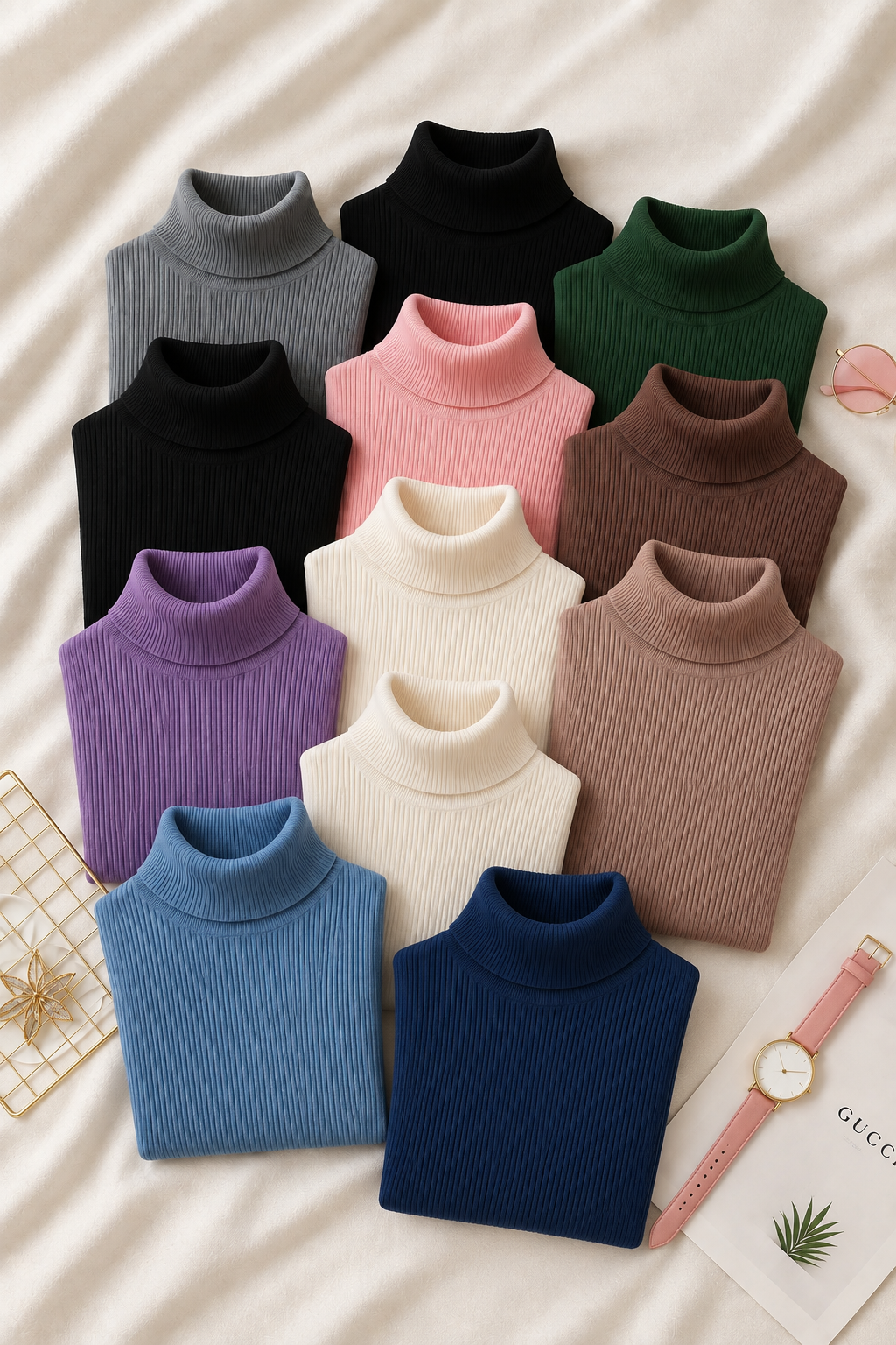 A flat-lay arrangement of ten folded ribbed turtleneck sweaters in various colors, including gray, black, green, pink, brown, purple, cream, beige, light blue, and navy, styled on a cream-colored fabric background with decorative props.