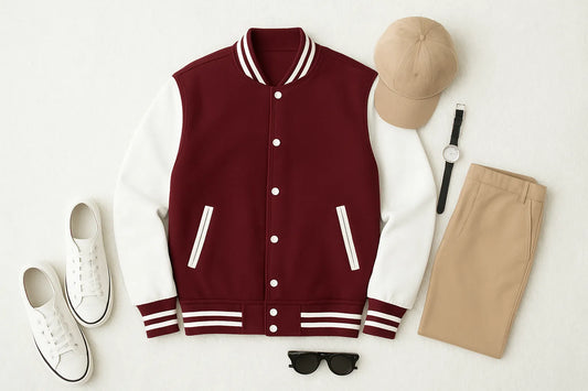 Maroon Baseball Jacket – Unisex letterman jacket for men and women in Pakistan, stylish casual jacket.