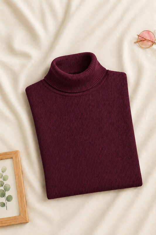 A folded burgundy ribbed turtleneck sweater laid flat on a cream fabric background, styled with a small framed botanical print, pink sunglasses, and a wooden frame.