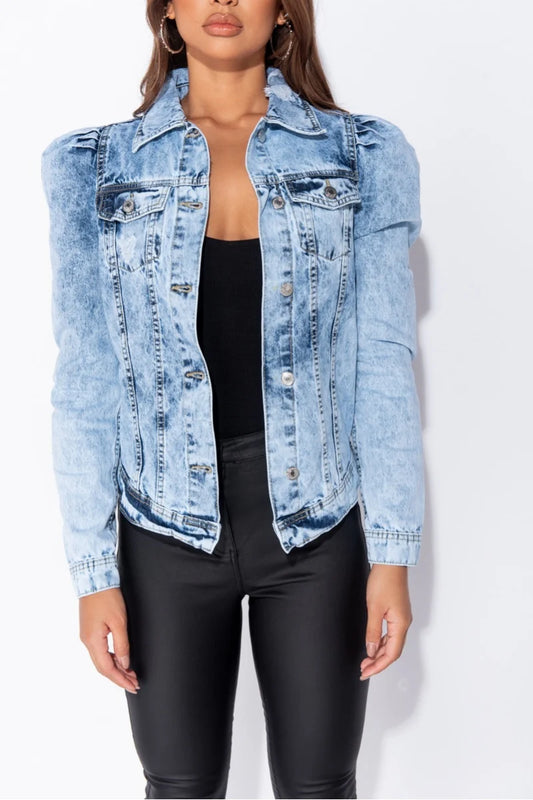 Light blue denim jacket worn by a person on a white background