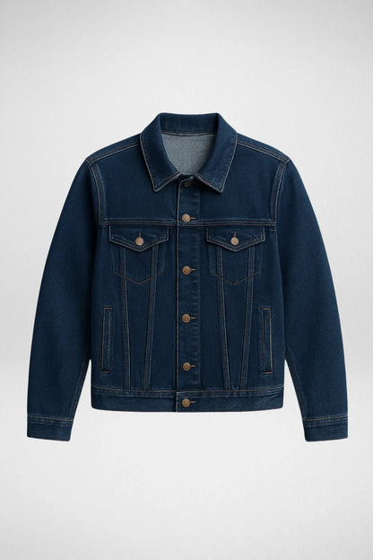 Navy Blue Denim Jacket – Unisex stylish casual outerwear for men and women in Pakistan, versatile denim streetwear fashion.
