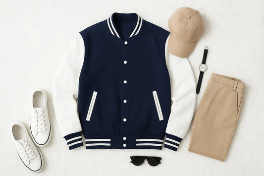 Navy Blue Baseball Jacket – Unisex letterman jacket for men and women in Pakistan, stylish casual jacket.