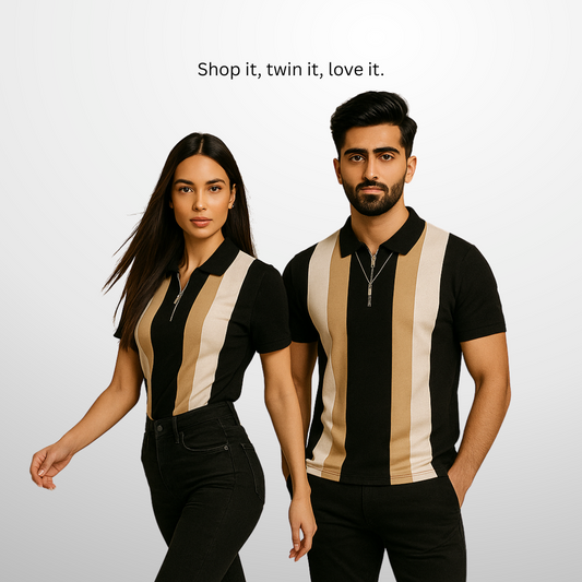 Twin Stripe Polo Shirt Black & Beige – Unisex couple polo shirt for men and women in Pakistan, stylish polo t-shirt.