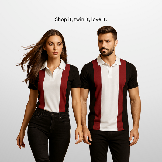 Twin Stripe Polo Shirt Black & Maroon – Unisex couple polo shirt for men and women in Pakistan, stylish polo t-shirt.