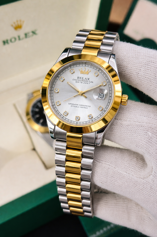 Prestige two tone Chain Silver Dial Diamond-Style Men’s Watch With Date Display