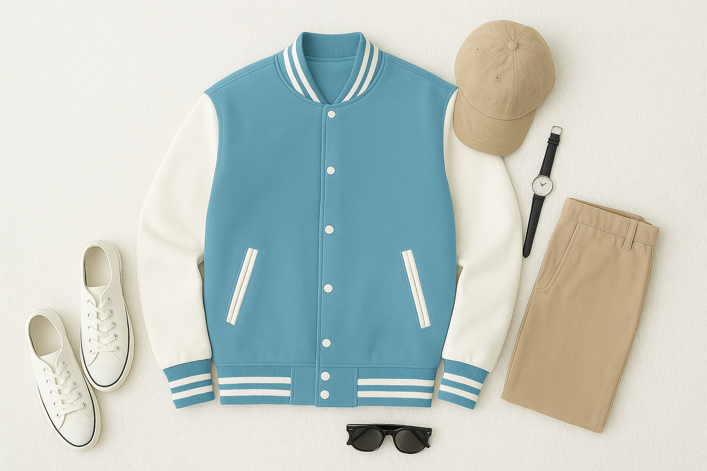 Sky Blue Baseball Jacket – Unisex varsity letterman jacket for men and women in Pakistan, stylish casual jacket.