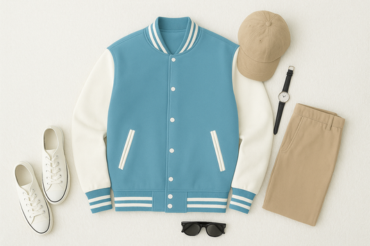Sky Blue Baseball Jacket – Unisex varsity letterman jacket for men and women in Pakistan, stylish casual jacket.