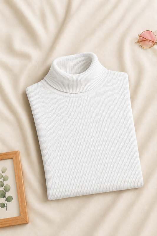 A folded white ribbed turtleneck sweater laid flat on a beige fabric background, with small decorative props including a pair of pink-tinted sunglasses and a framed botanical print.