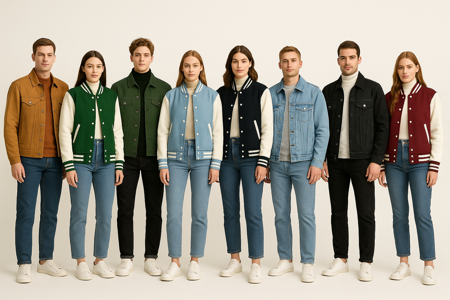 Group of people wearing various jackets and jeans on a white background
