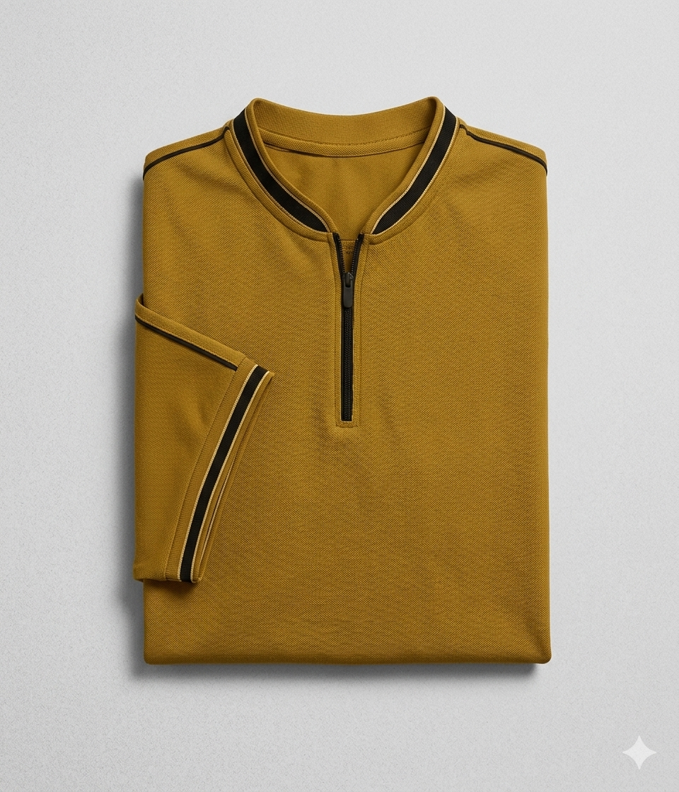 Premium mustard zip polo shirt for men with contrast striped collar and sleeves folded flat lay on grey background.